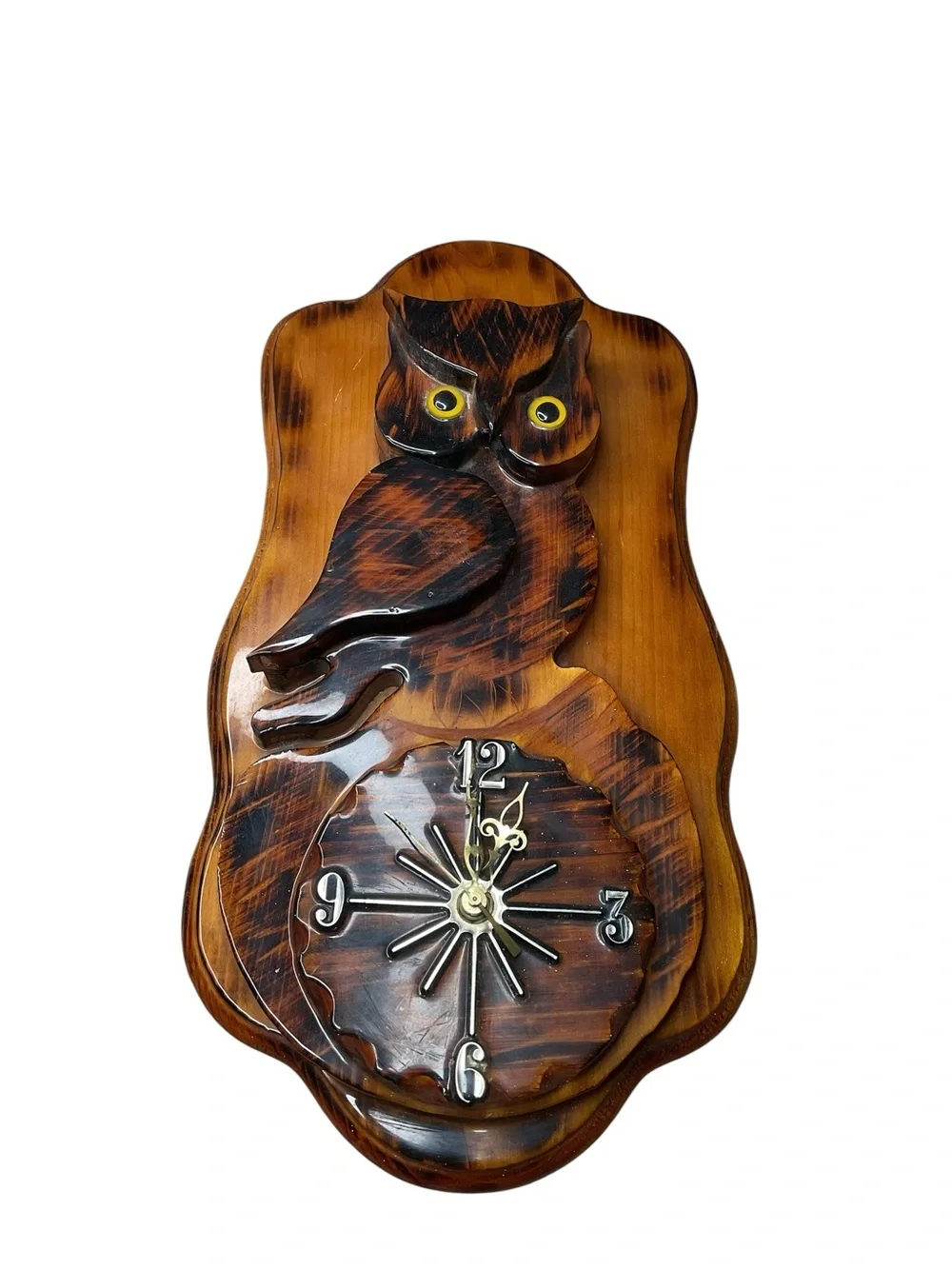 Vintage Hand Carved Owl Wall Clock Wood Mid Century Style Quartz Hanging Decor